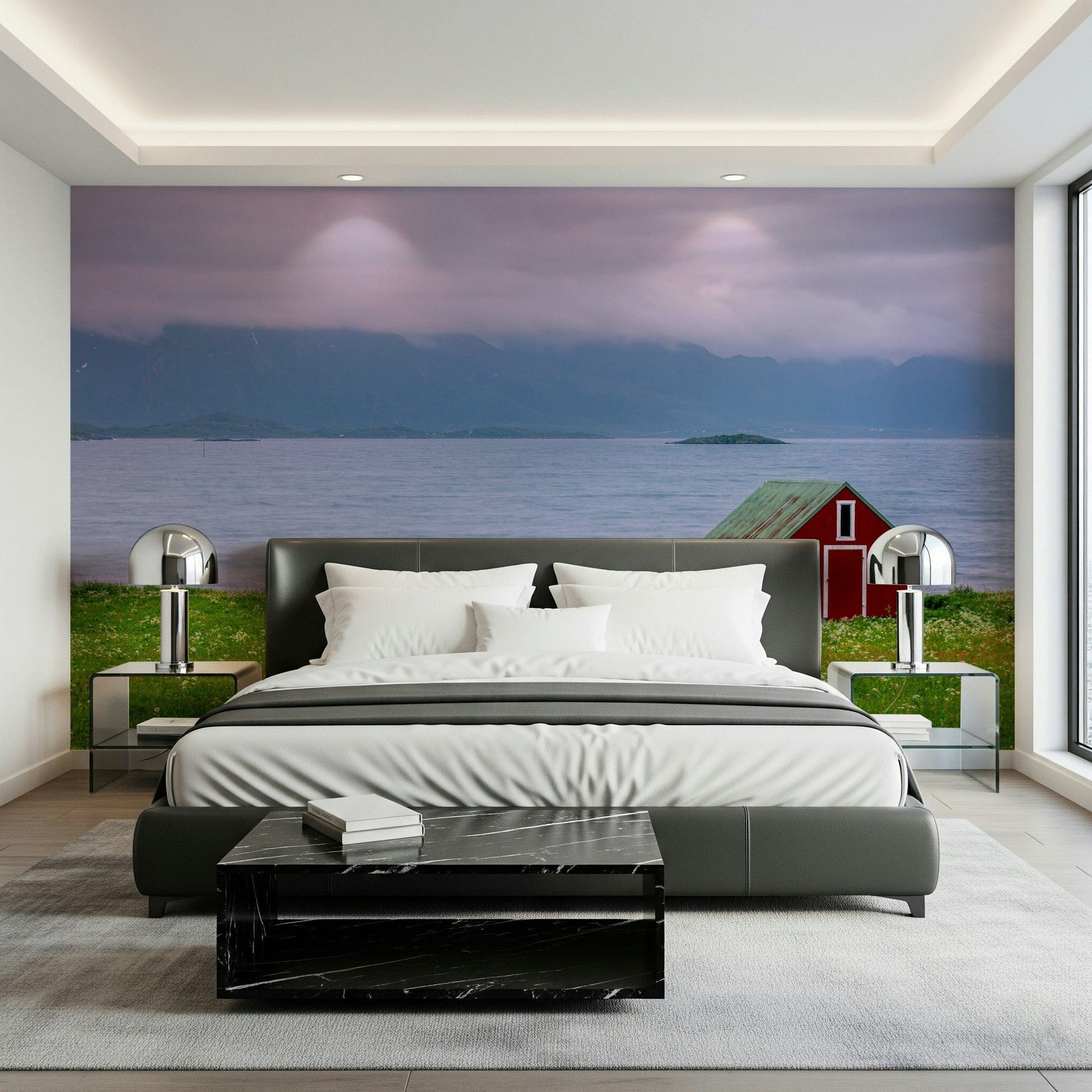 Dramatic Lofoten Coastal Escape backdrop; grass and small island wallpaper.