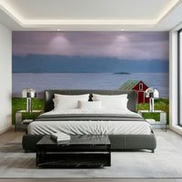 Dramatic Lofoten Coastal Escape backdrop; grass and small island wallpaper.
