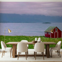Lofoten Coastal Escape, peel and stick; moody Nordic landscape wallpaper.