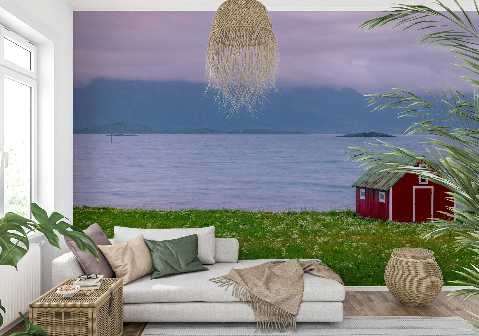 Rustic seaside wall mural with lone cabin