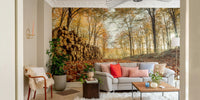 Rustic woodpile in fall forest wall mural

