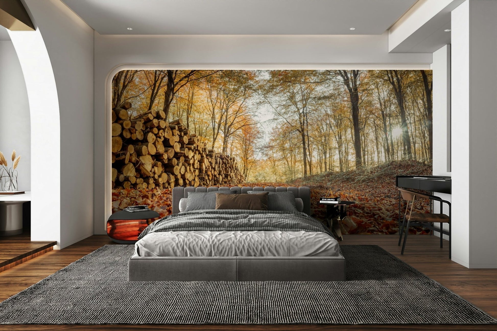 Peaceful woodland mural with cut logs

