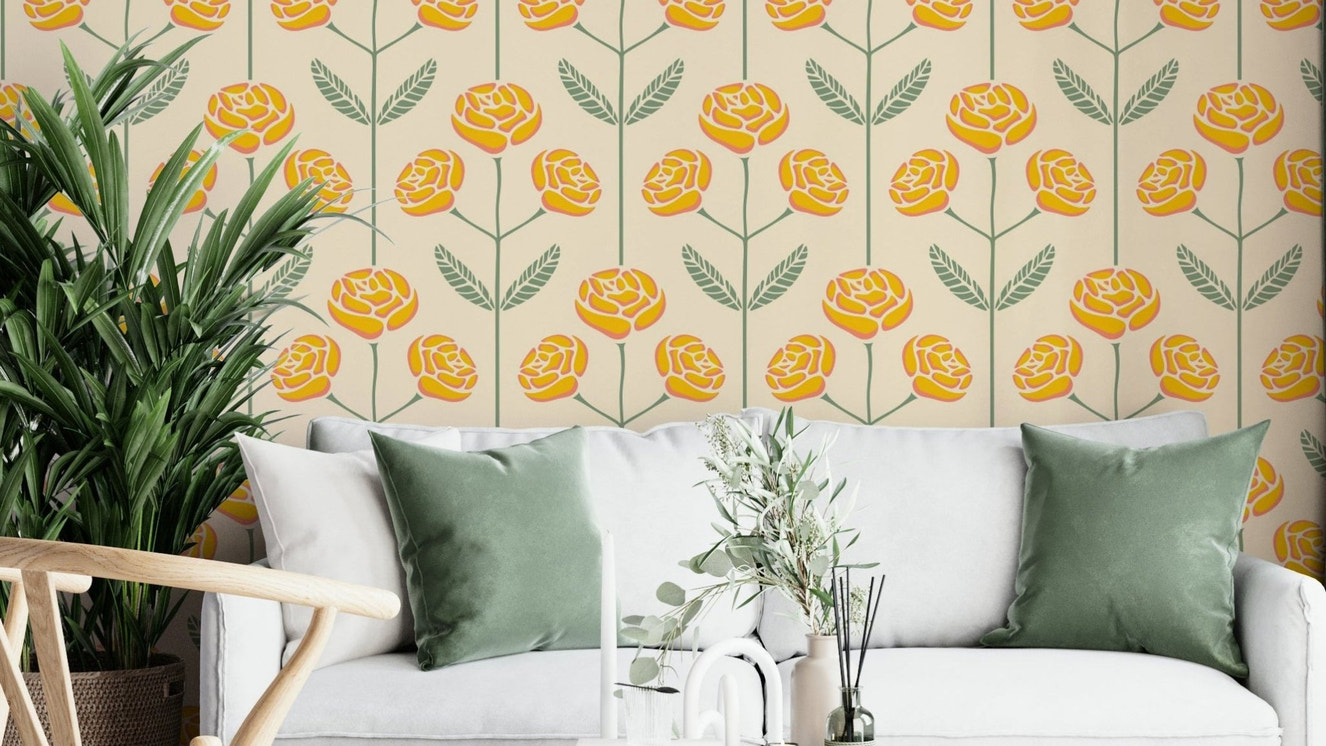 Lola Rose Retro Scandi Mid Century Floral Cottage Yellow Sage Green Leaves Wallpaper.

