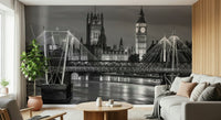 Grayscale London street scene mural in hallway, monochrome tones, modern wall decor feature