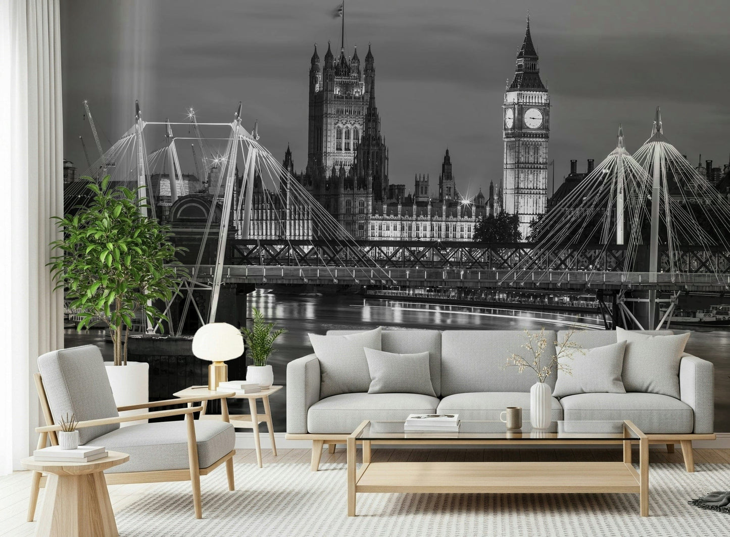 Black and white London mural on bedroom wall, city skyline style, modern wall decor backdrop