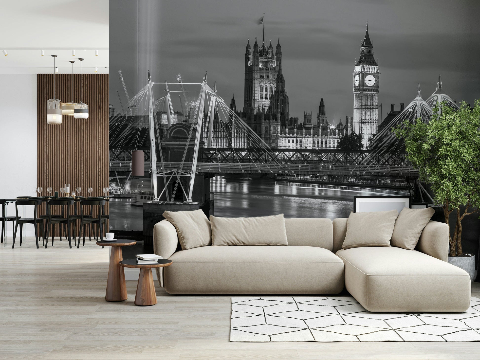 Minimalist office wall mural with London skyline, black and white tones, modern wall decor