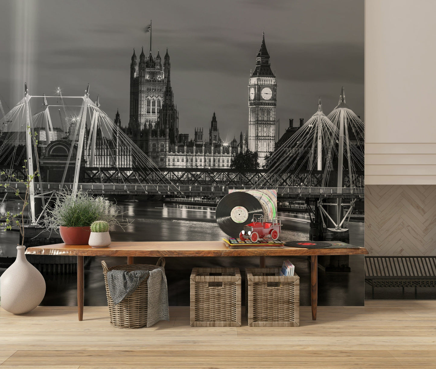London city mural for reading nook, black and white design, modern apartment decor