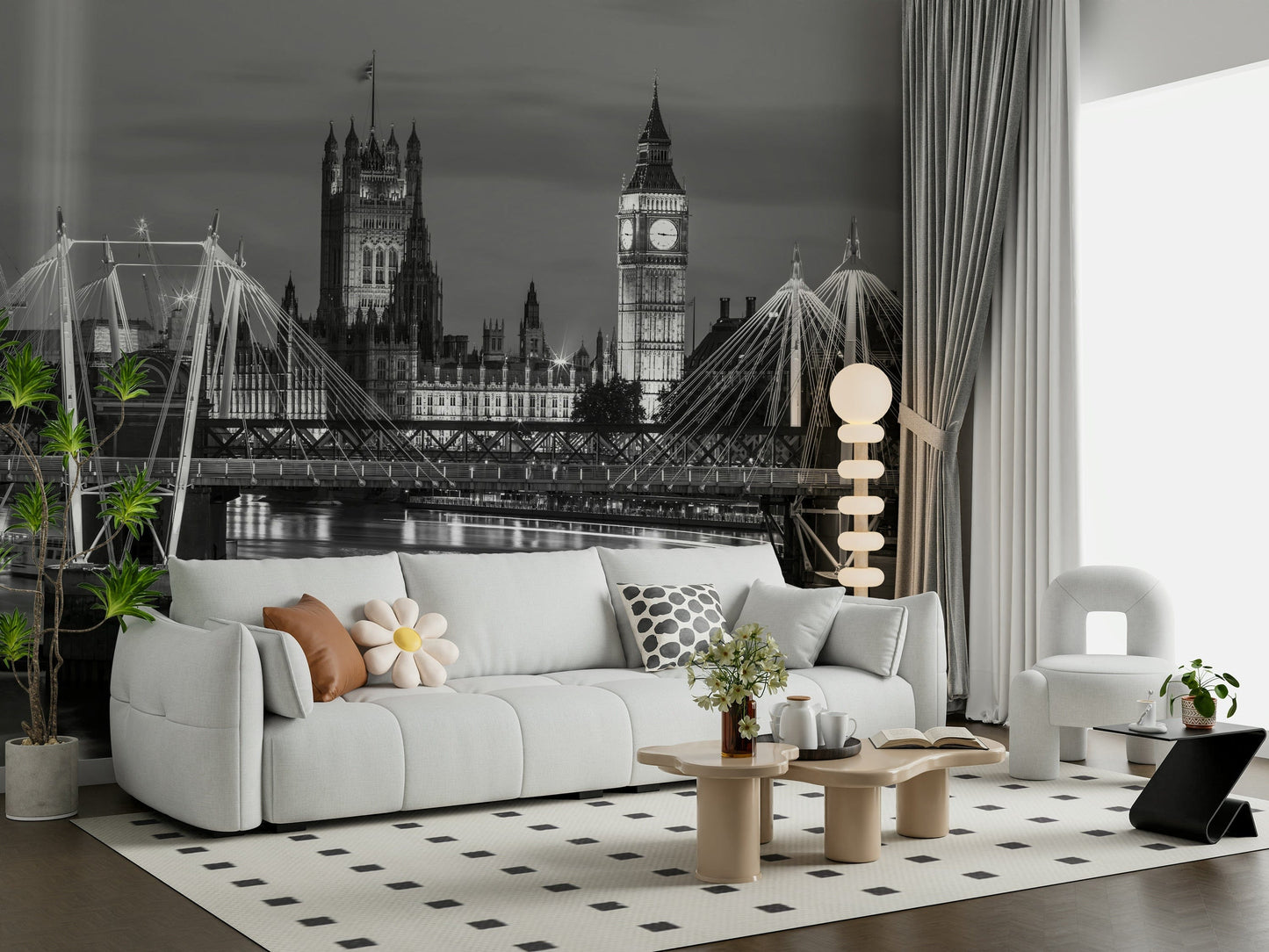 London monochrome mural behind bed, grayscale cityscape, modern bedroom wall decor