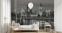 Black and white London cityscape mural in lounge, monochrome tones, modern apartment feature wall