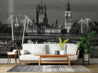 London skyline accent wall mural, grayscale palette, modern living room wall decor