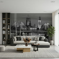 London skyline wallpaper mural in dining area, black and white color scheme, modern wall decor