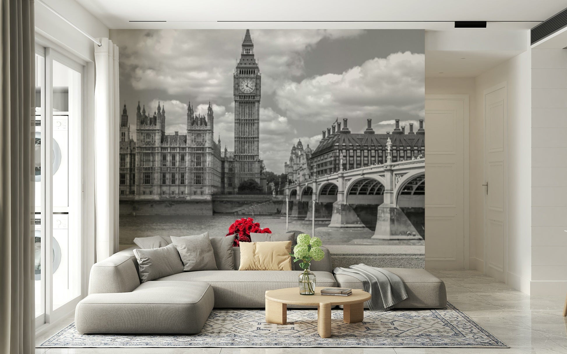 Monochrome architecture focus, vivid crimson blooms London in Bloom wallpaper