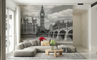 Monochrome architecture focus, vivid crimson blooms London in Bloom wallpaper