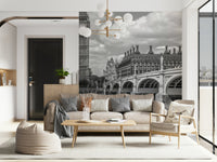 Red floral design accenting famous buildings London in Bloom mural