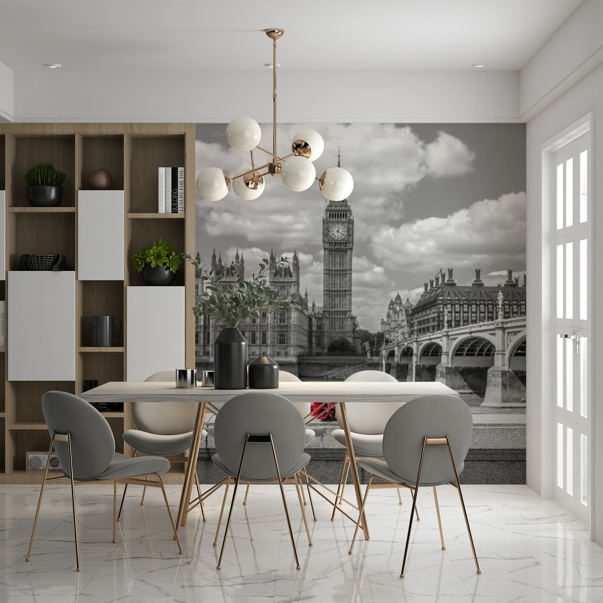 Dramatic London in Bloom wallcovering, solitary straw hat beside bouquet