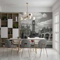 Dramatic London in Bloom wallcovering, solitary straw hat beside bouquet