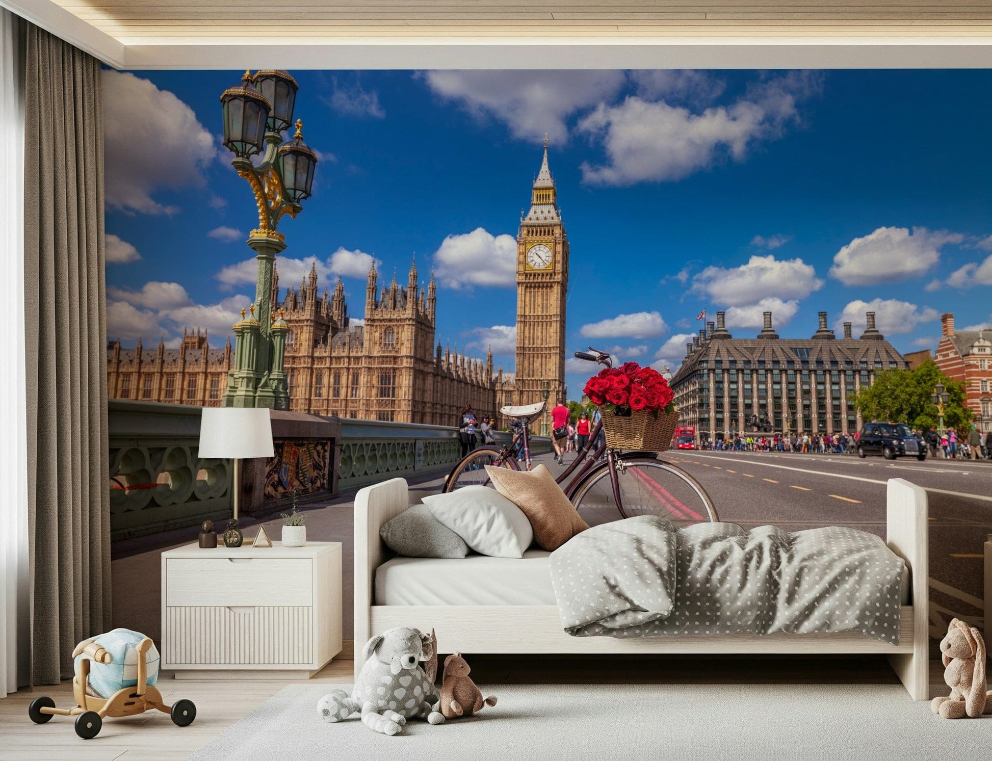 Red Blooms in London wall mural showcasing classic landmark and sunny day.