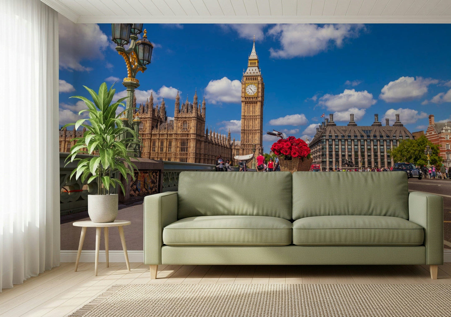 Clock Tower, antique lamps, Red Blooms in London wall art design.