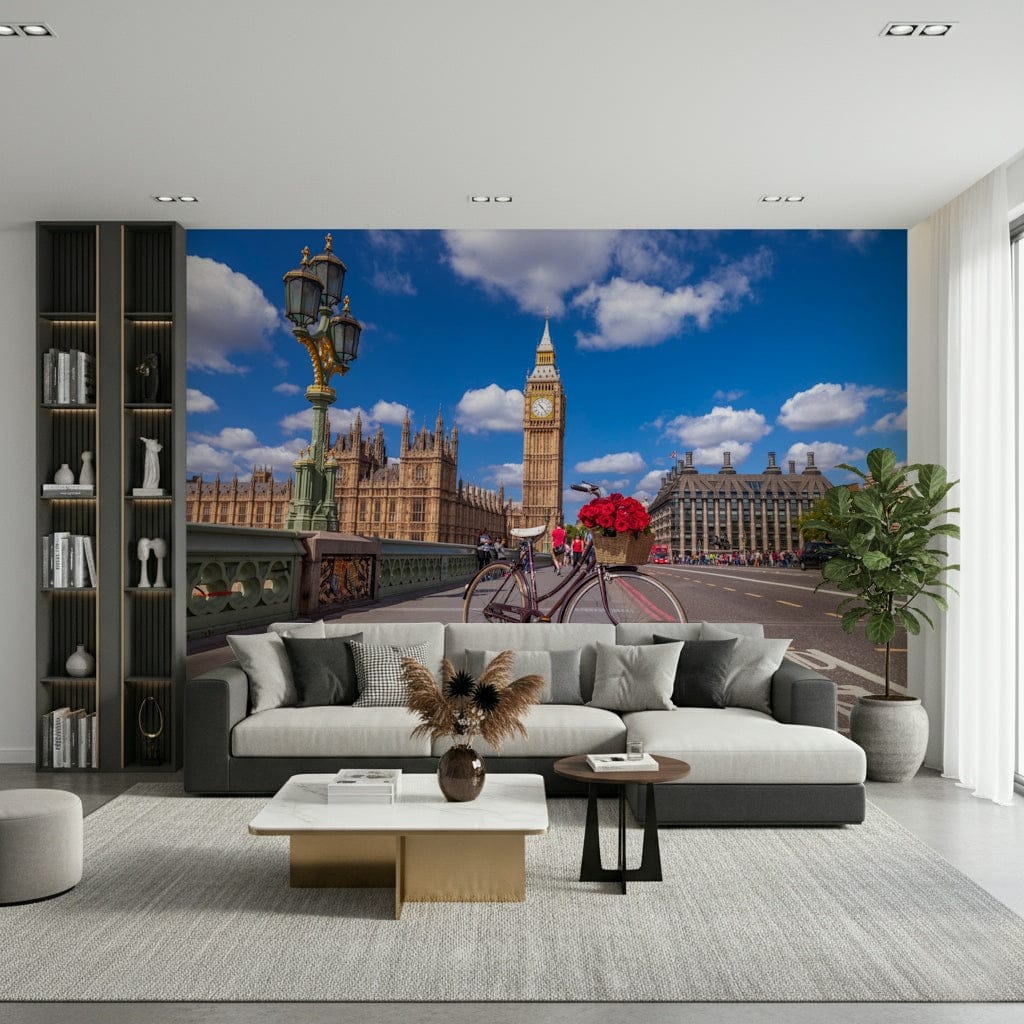 Iconic London scene; Red Blooms in London wall covering product.