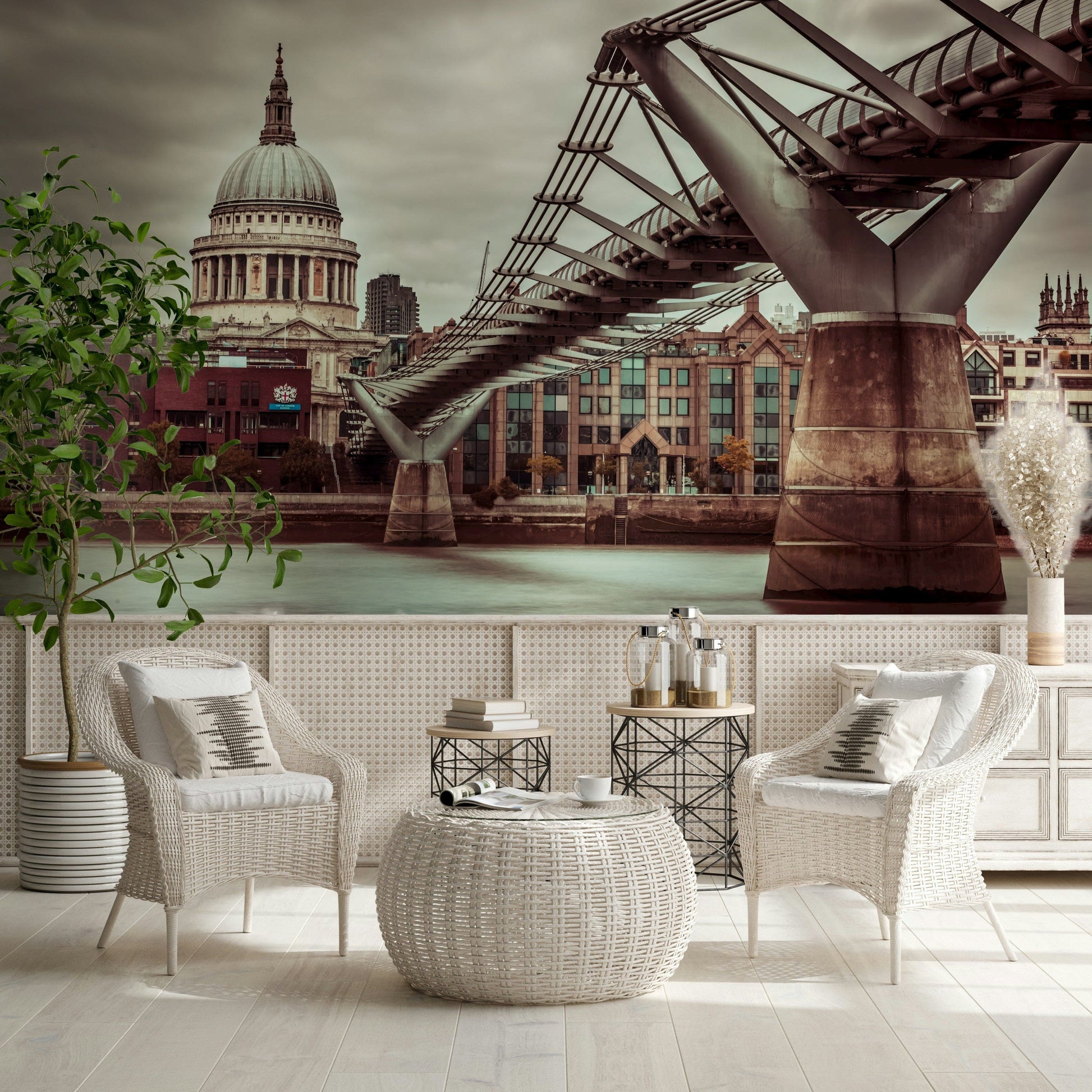 Striking wall mural image of modern bridge structure over river Thames.