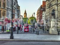 London Calling foggy ambiance wall poster red bus blur moment.