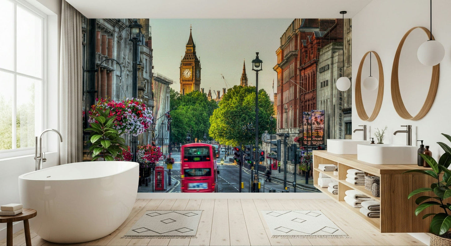 Dignified London Calling Westminster scenery wallpaper pattern busy street.