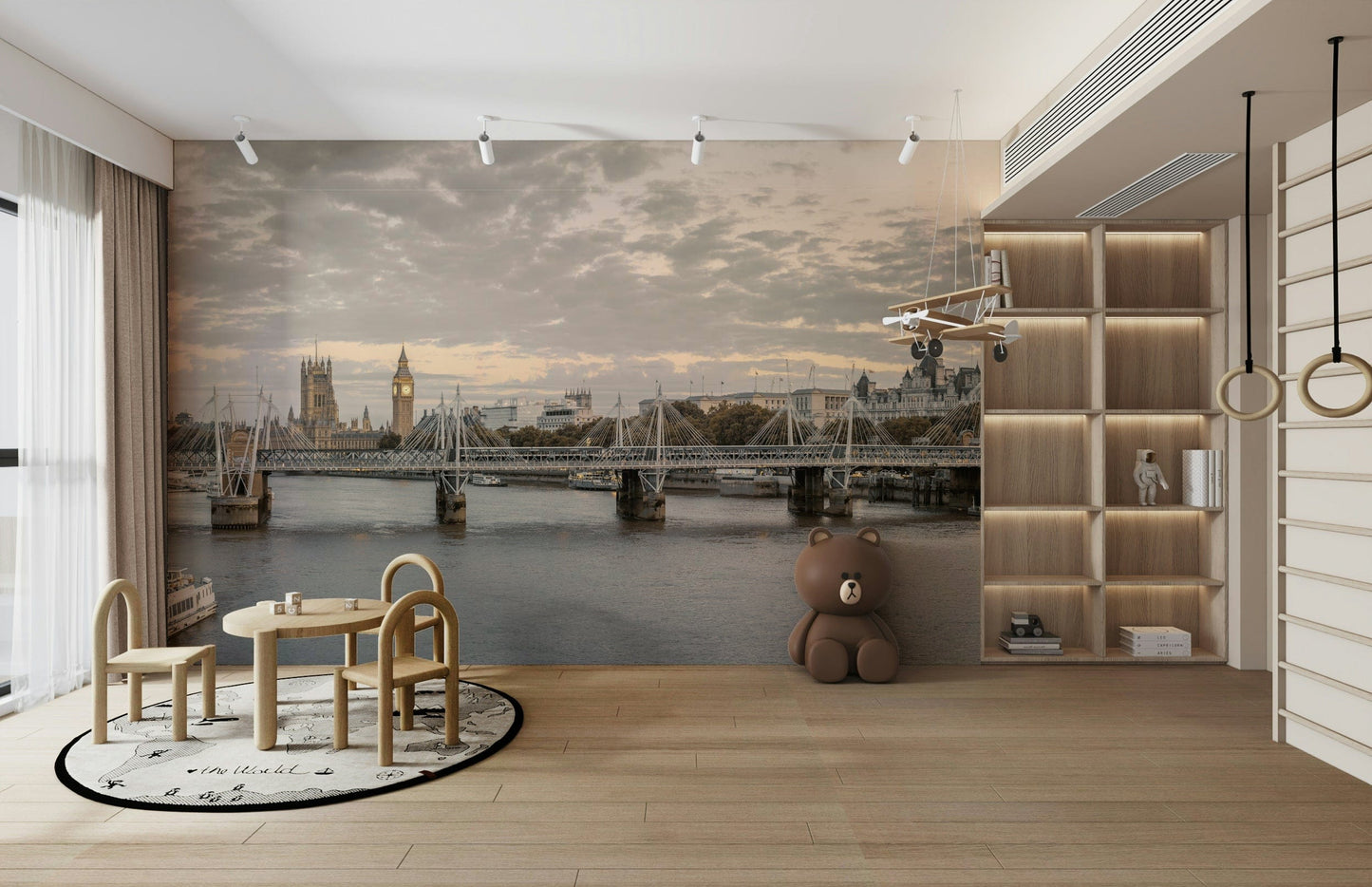A calming serene city wallpaper mural that defines a space.


