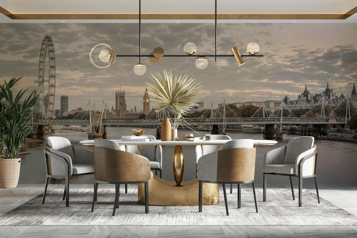 A peaceful urban evening mural on decorative wallpaper.

