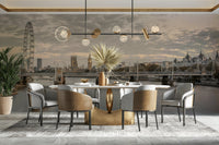 A peaceful urban evening mural on decorative wallpaper.

