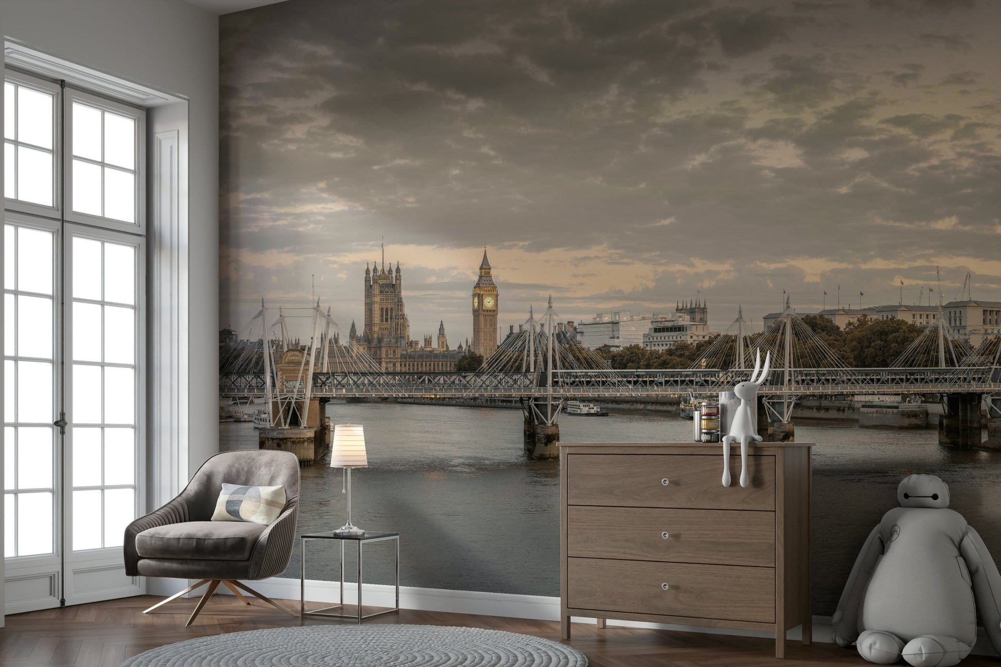 A graceful subtle architecture wall mural in cool, natural tones.

