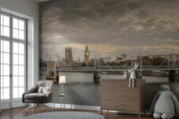 A graceful subtle architecture wall mural in cool, natural tones.


