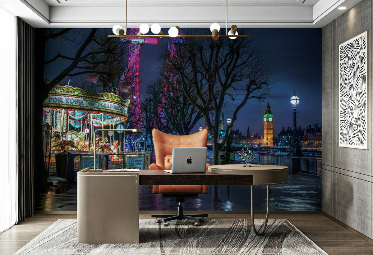 London Evening wallpaper mural of the illuminated London Eye, Big Ben and a lit carousel behind a desk in a home office