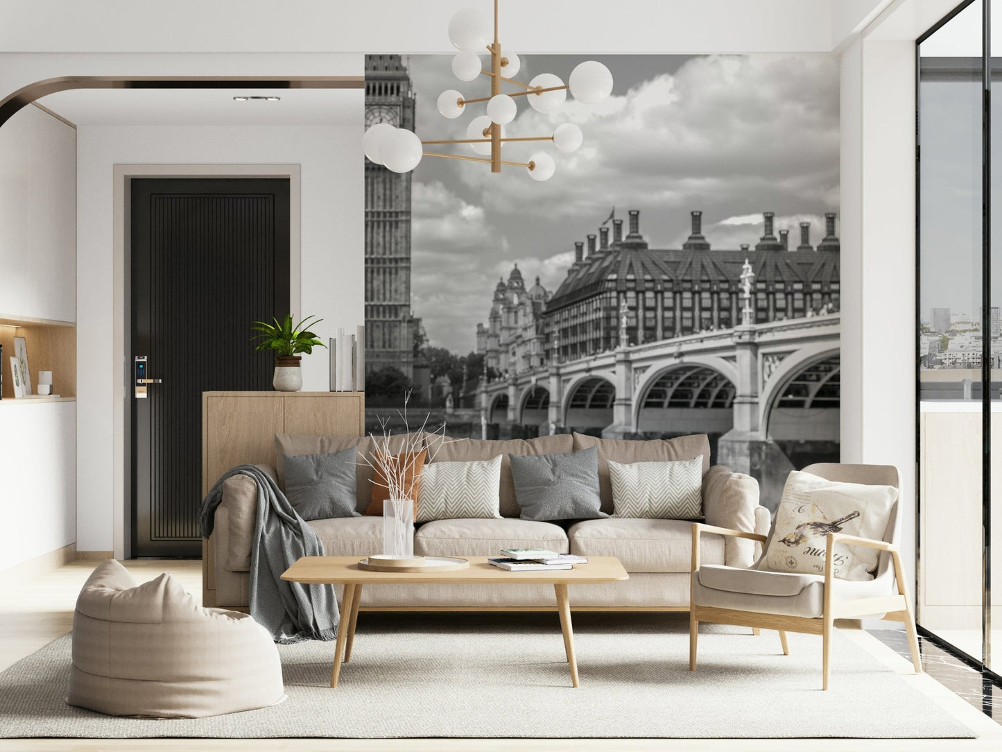 Red floral design accenting famous buildings London in Bloom mural