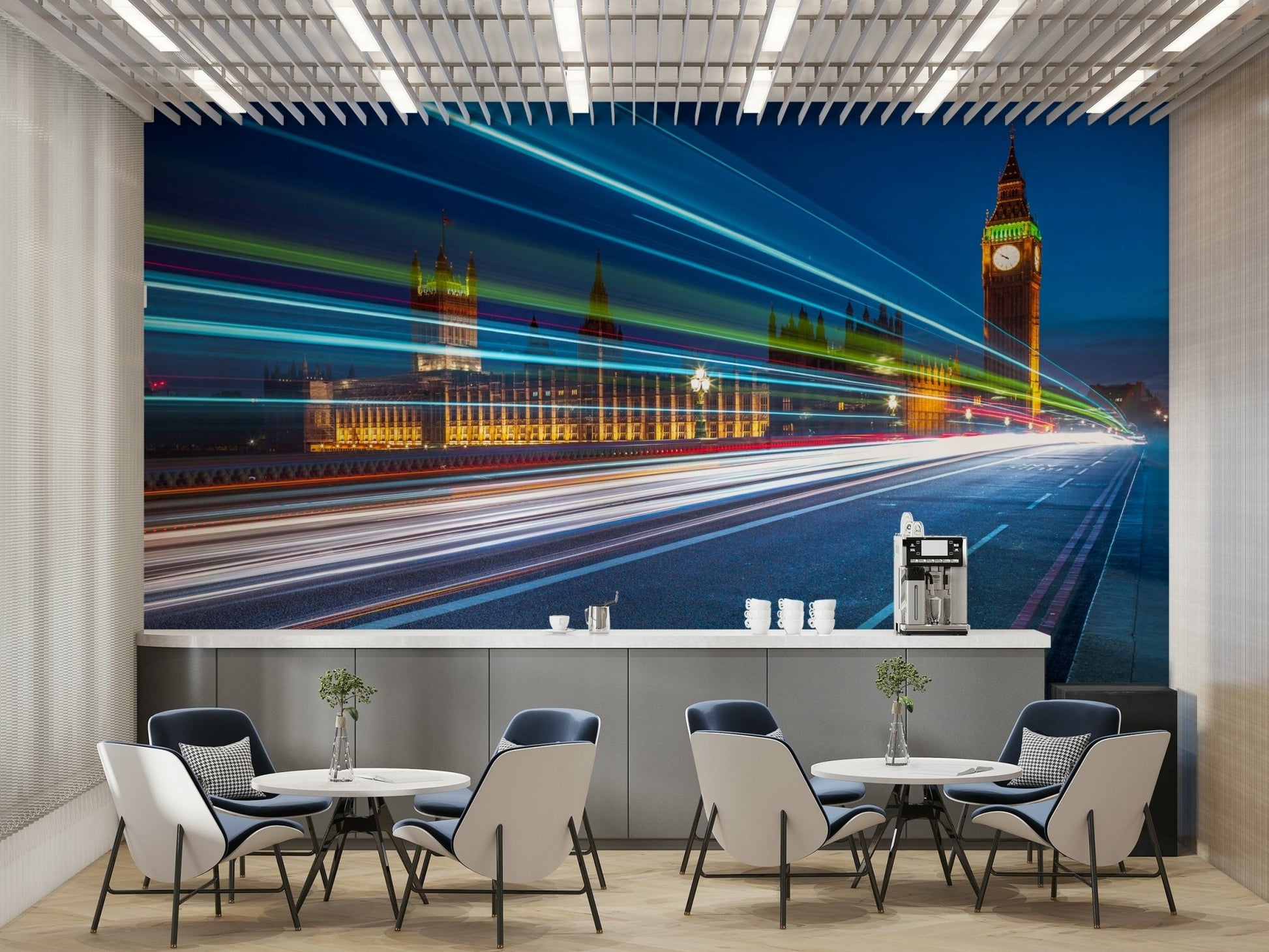 The image shows a full wall with bright light trails from moving vehicles.

