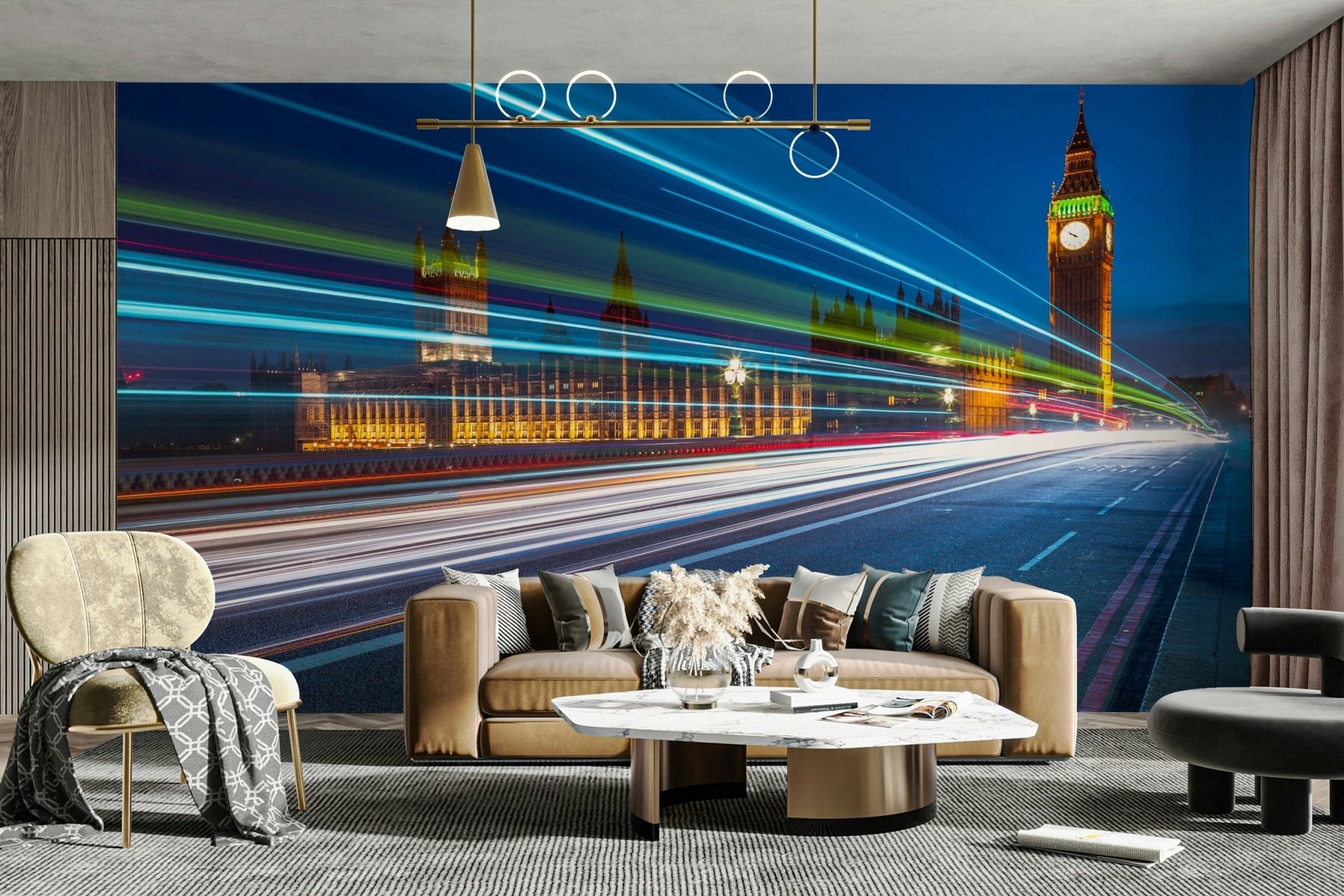 The mural is installed in a modern, eclectic living room.

