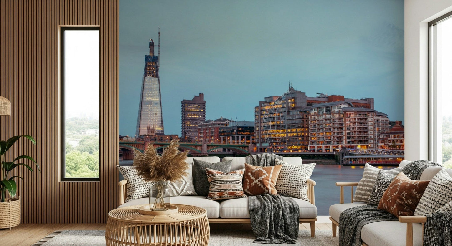 London Luminescence wallpaper mural of The Shard and Thames behind two cream sofas with pampas in a living room