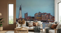 London Luminescence wallpaper mural of The Shard and Thames behind two cream sofas with pampas in a living room