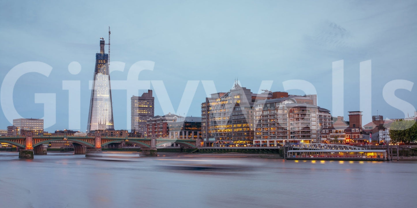 London Luminescence wallpaper mural showing The Shard and lit London skyline reflected in the Thames at dusk