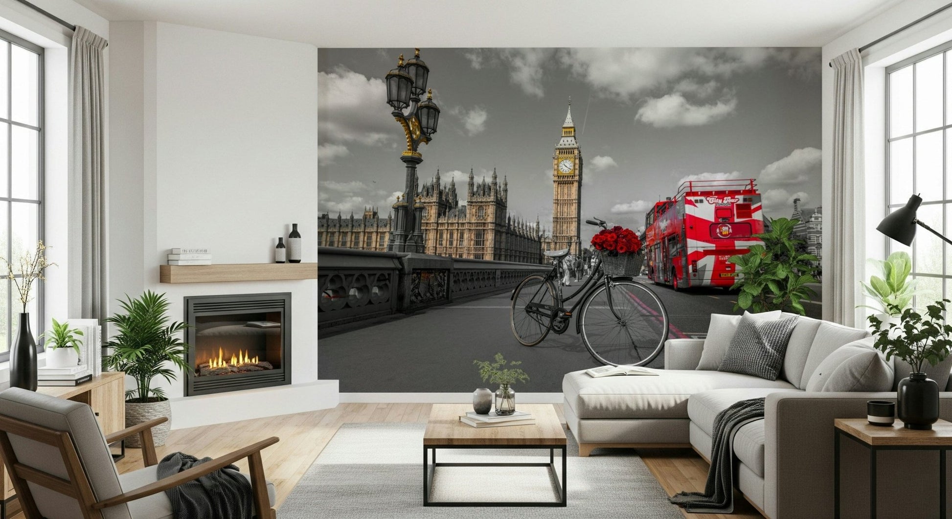 London Ride wallpaper mural in a living room with a fireplace, grey sectional sofa and wood table