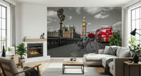 London Ride wallpaper mural in a living room with a fireplace, grey sectional sofa and wood table