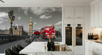 London Ride wallpaper mural in a white kitchen with a marble island and black bar stools