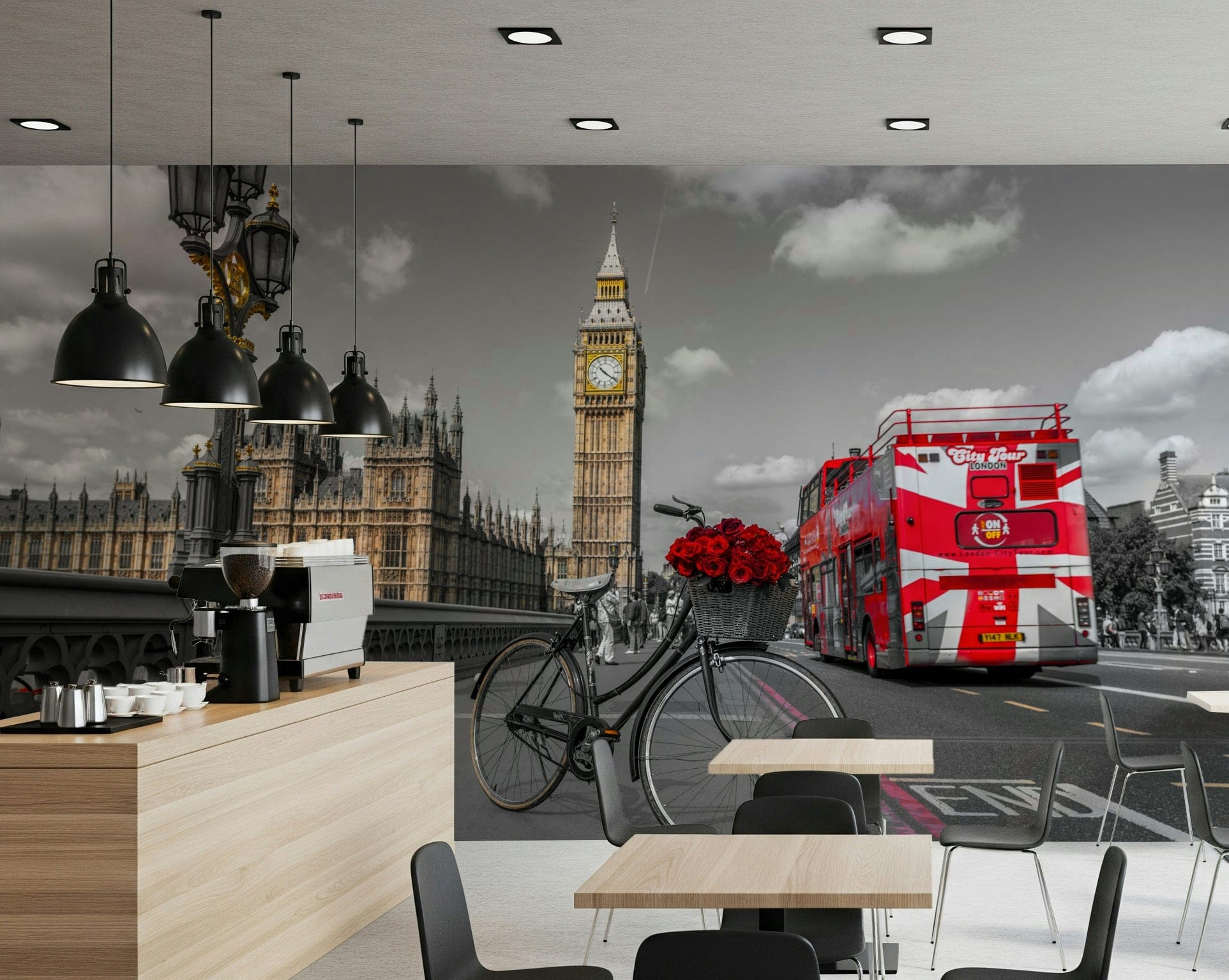 London Ride wallpaper mural of Big Ben, a rose-basket bike and red bus in a cafe with espresso bar