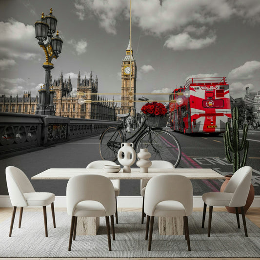 London Ride wallpaper mural in a dining room with a white table and cream upholstered chairs