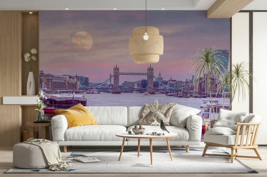 London Riverside Radiance wallpaper mural showing Tower Bridge over the Thames at pink sunset behind a white sofa in a living room