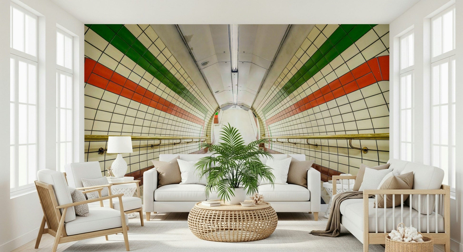 A tunnel-style wallpaper featuring symmetrical subway tiles and bold color bands along a stairway.