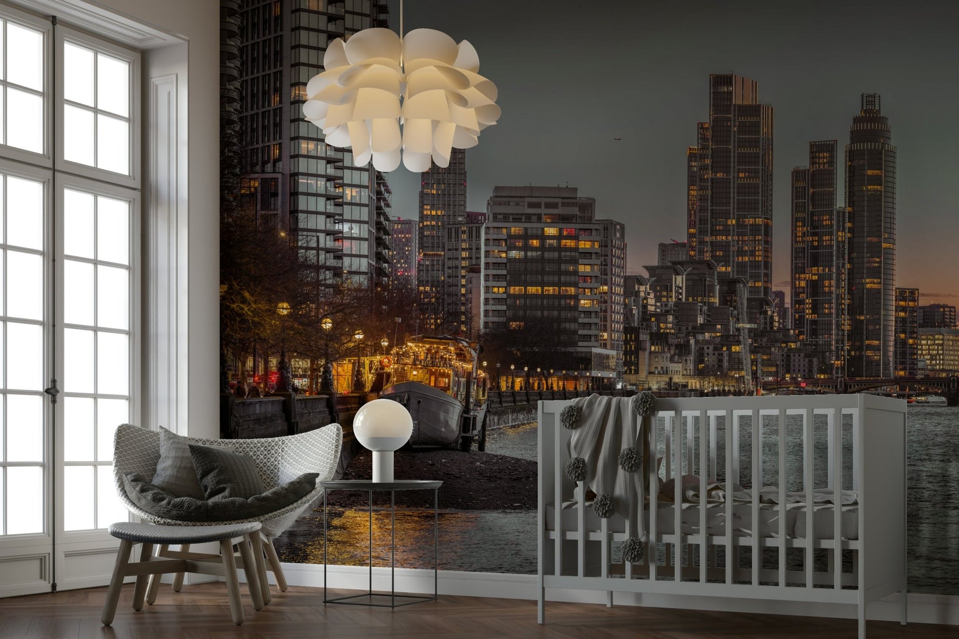 The design evokes a sense of urban grandeur, sophistication, and twilight serenity.
