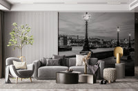 Thames Twilight design, quintessential British scene, illuminated antique lamp posts prominent.