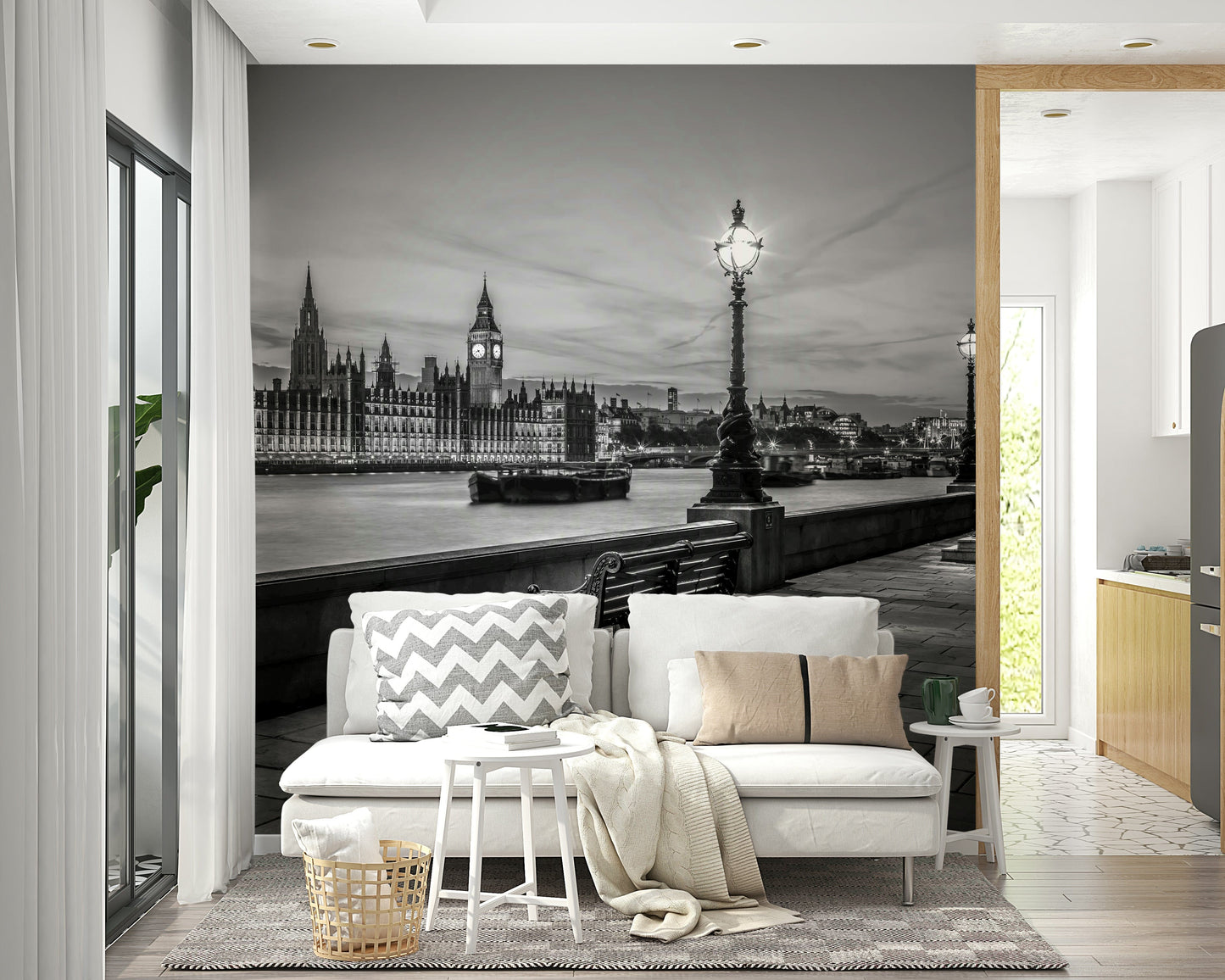 Thames Twilight wallcovering, monochromatic architecture, serene water, glowing light fixtures.