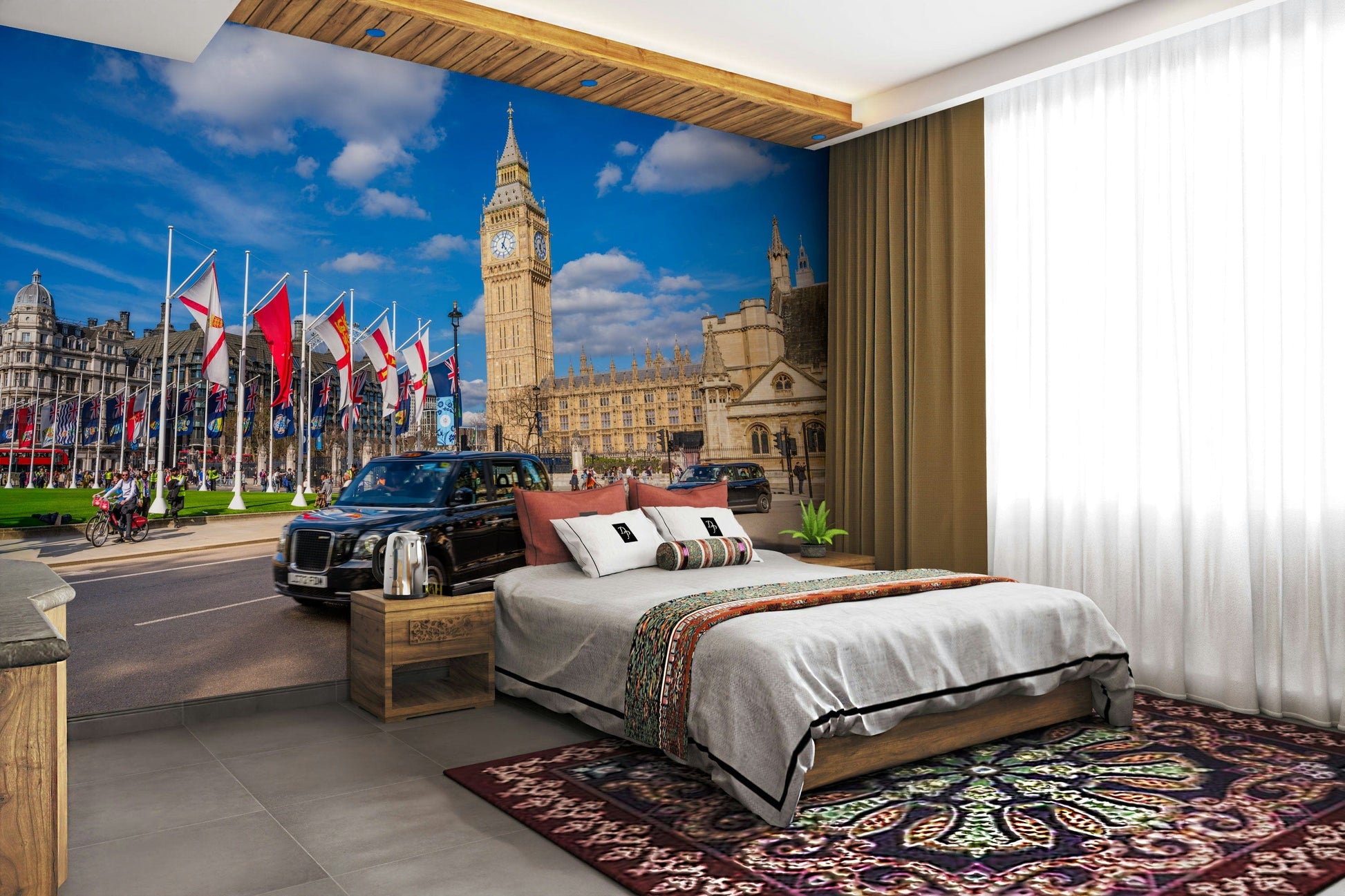 The wallpaper features a subtle, urban pattern.

