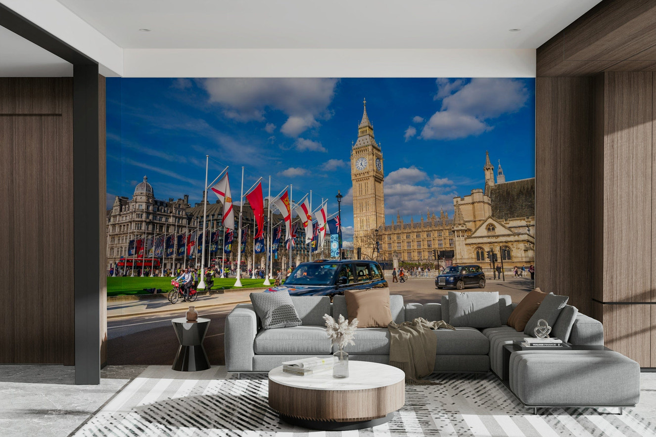 Wall mural of the Westminster skyline.


